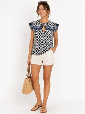 MISA Los Angeles Basia Top Blue White Cap Sleeve Keyhole Blouse Size S